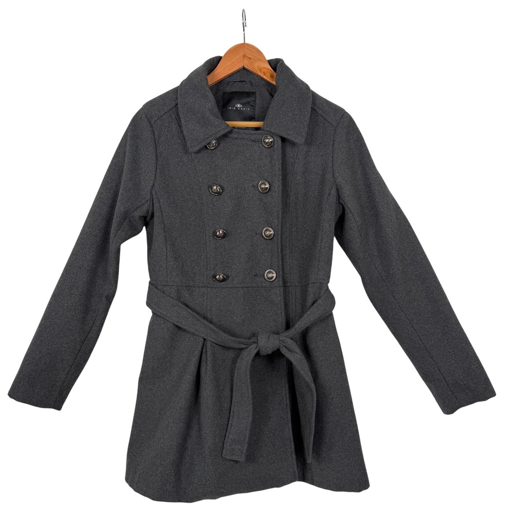 IRIS BASIC Women Charcoal Double Breasted‎ Belted Wool Blend Coat Size L